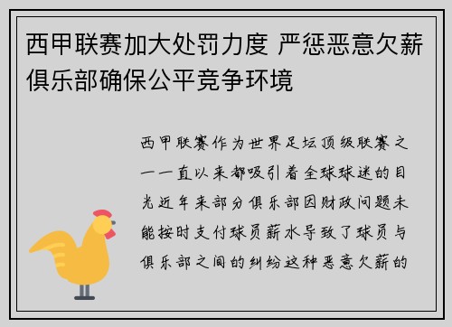 西甲联赛加大处罚力度 严惩恶意欠薪俱乐部确保公平竞争环境 西甲联赛加大处罚力度 严惩恶意欠薪俱乐部确保公平竞争环境