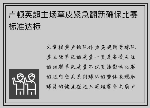 卢顿英超主场草皮紧急翻新确保比赛标准达标